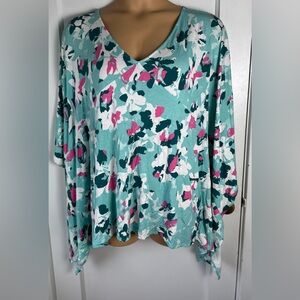 IMAN Teal and Pink Floral V-Neck Blouse